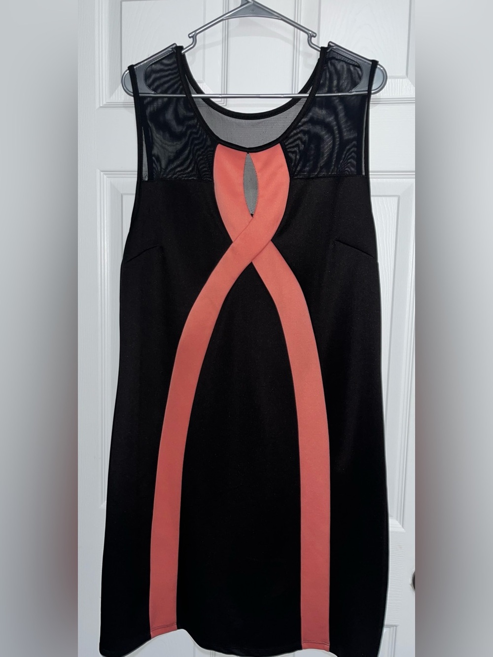 Black Mesh Top Sheath Dress with Coral Crossover Detail